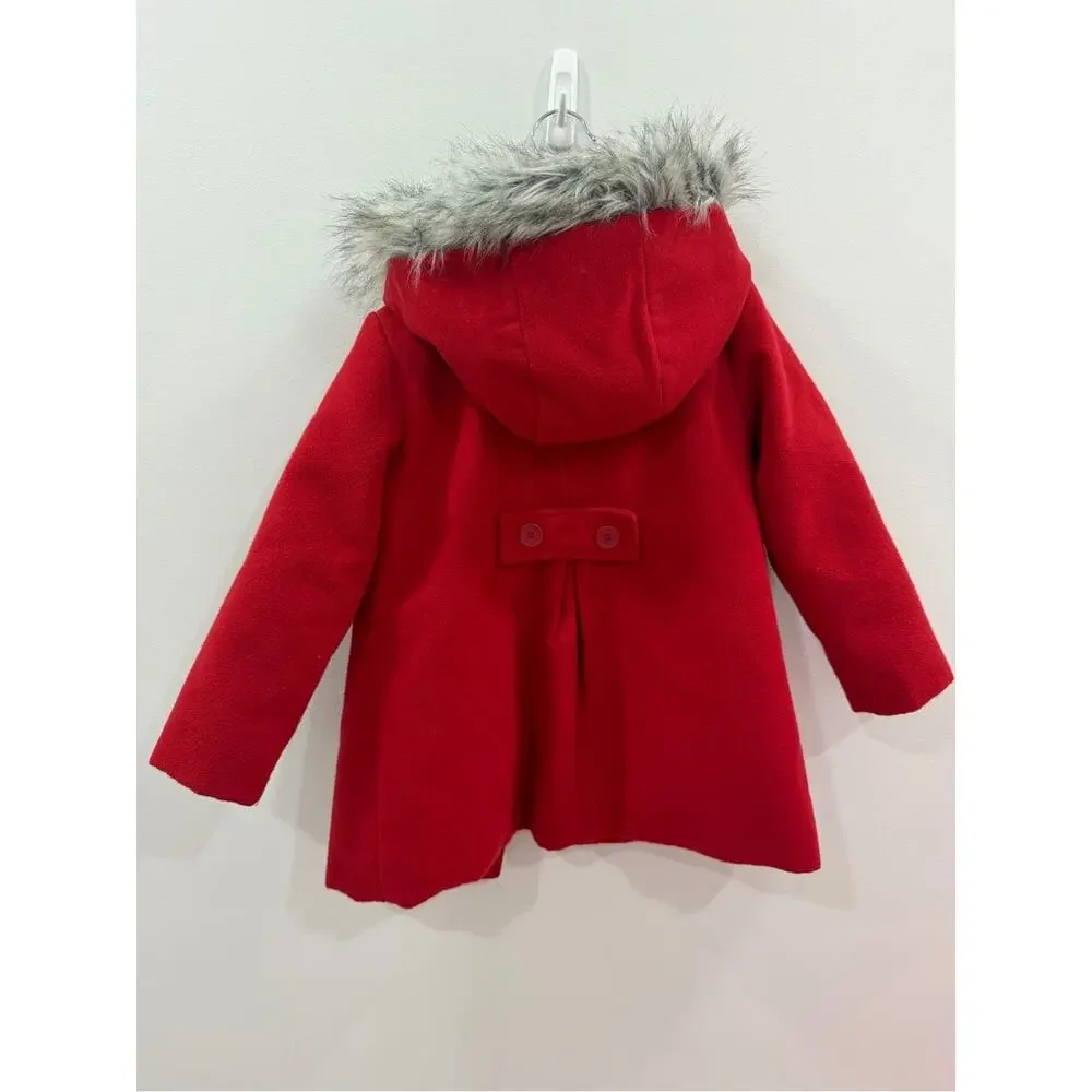 Cat & Jack Bright Red Hooded Pea Coat with Faux Fur Trim 5T kids